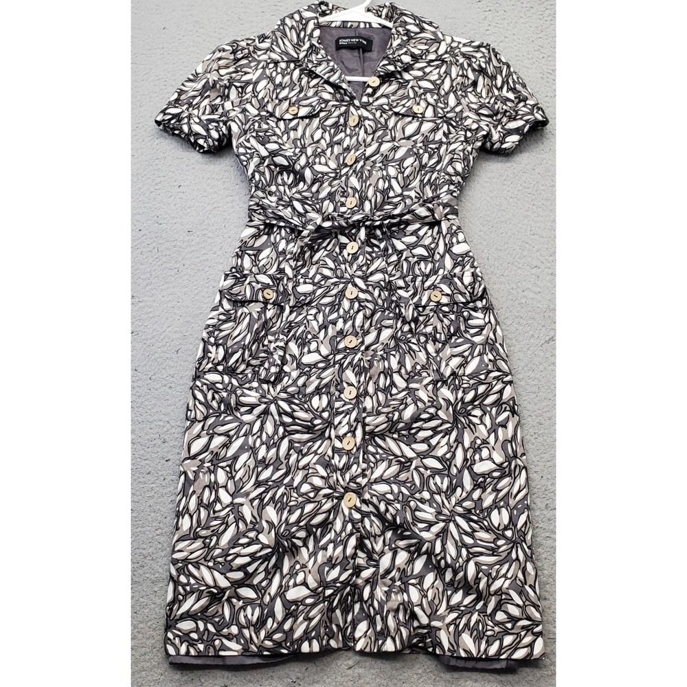 Jones New York Black and White Leaf-Print Midi Dress